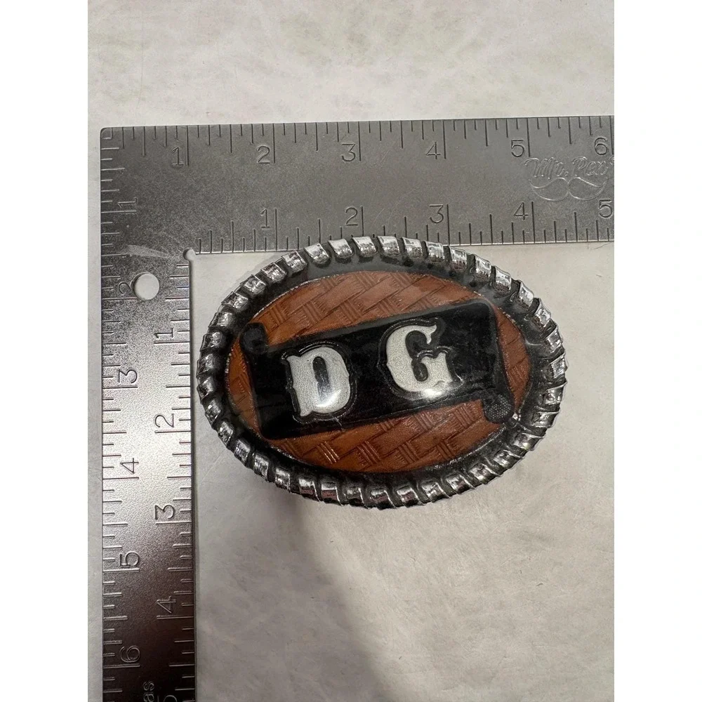 Vintage Western Belt‎ Buckle DG Initials Brown Basketweave Leather Silver Tone